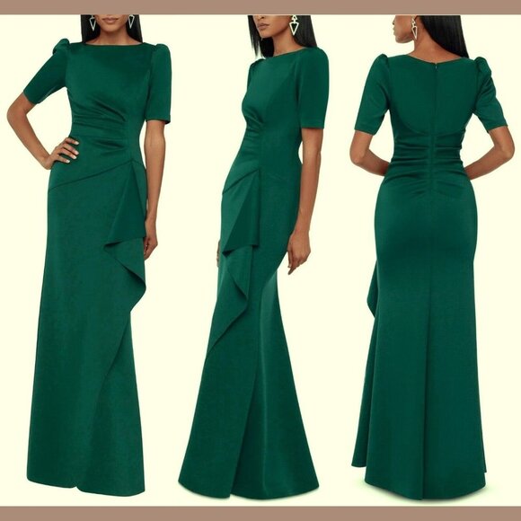 Xscape Pine Green Ruched Scuba Ruffle Gown
